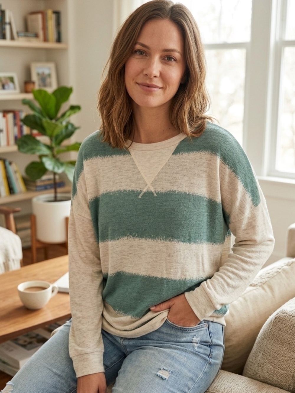 Teal and Cream Striped Sweater | Sz L